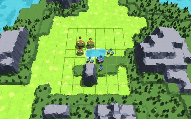 Creatures on a board of grass, hills, a pond and a mountain in Squedrill Fieldgame